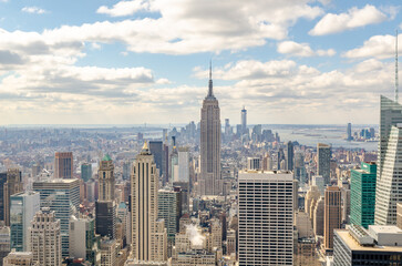 Manhattan Skyline with Empire State Building, aerial view from Rockefeller Center, New York City during winter, horizontal
