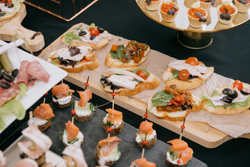 Delicacies and snacks at the buffet or banquet. Catering.