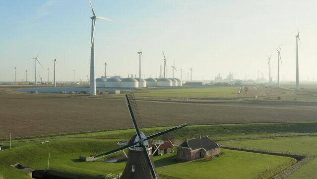 Wind turbines, windmill and power station, Eemshaven, Netherlands