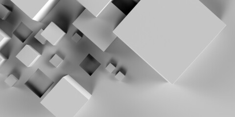 3D render. Diagonal composition of white cubes of different sizes on a white background