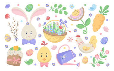 Happy Easter postcard. Set of cute holiday elements on white background. Rabbit, eggs, chick, hen, Easter cake and basket with flowers. Flat vector illustration.