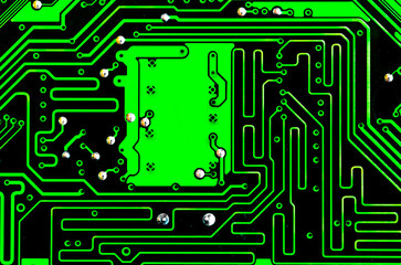 Macro Close up of printed wiring on PC circuit board.