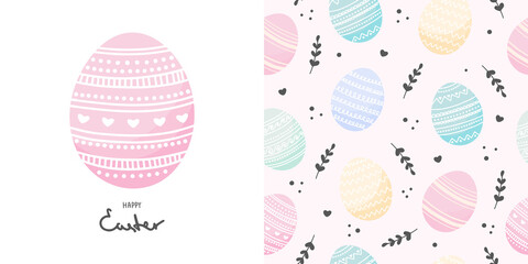 Ornamental Easter egg seamless pattern and card. Spring holiday background