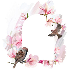 Floral frame with magnolia flowers and sparrows