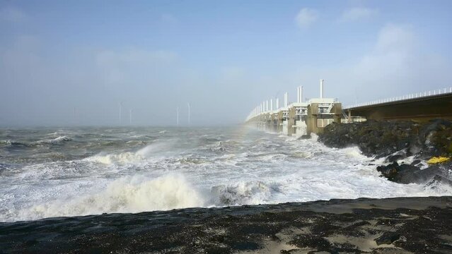 Sea waves during storm called Eunice, Vrouwenpolder, Netherlands