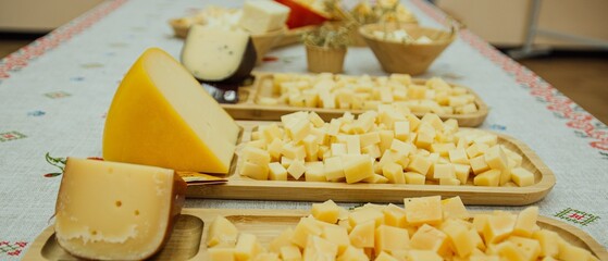 cheese plate in a dish on a Russian tablecloth