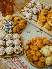 tea table with pies on a Russian tablecloth