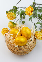 painted easter golden eggs in a wicker straw basket with yellow flowers on a white flat background, background for text