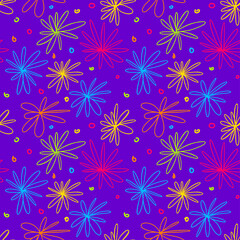Pattern with neon fluorescent abstract daisies