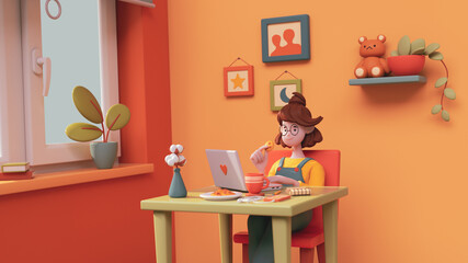 Kawaii casual funny smiling girl use computer for study near window. Teen room with red-yellow walls green table chair, plant, books, coffee cup, bear toy, smartphone, cookies. 3d render minimal style