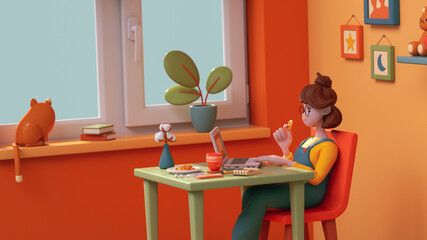 Kawaii casual brunette girl uses computer for study sits in home interior near window. Teen room with red-yellow walls green table, chair, cat, plant, books, coffee cup, smartphone, cookies. 3d render