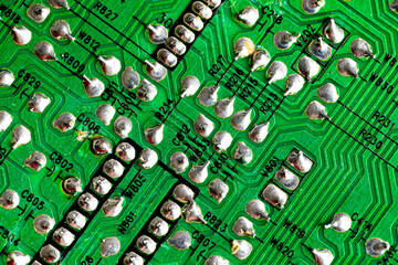 Macro Close up of printed wiring on PC circuit board..