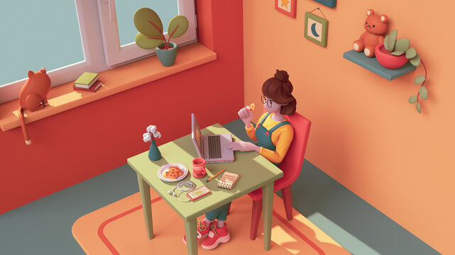 Kawaii casual funny girl use computer for study, cat sit on windowsill. Teen room with red-yellow walls, green table, chair, carpet, plant, books, coffee cup, bear toy, smartphone, cookies. 3d render.