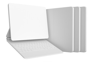 Set of computer tablet with keyboard and blank screen isolated on white.