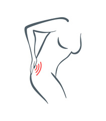 Body part pain. Woman feels pain in back marked with red lines. Vector foci of pain or trauma symbols, grey art line illustration