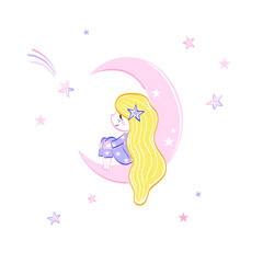 Cute little girl in starry pyjamas sitting on crescent in a night sky and dreaming vector illustration isolated on white. Sweet dreams of baby girl fairy cartoon childish felt pen hand drawn print.