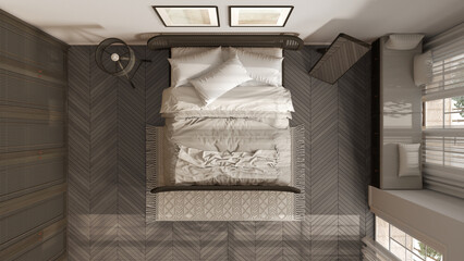 Minimalist scandinavian wooden bedroom with rattan furniture in dark tones, bed with duvet and pillows, parquet, carpet and mirror. Top view, plan, above. Modern interior design