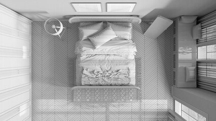 Total white project draft, minimalist scandinavian bedroom with rattan furniture, bed with duvet and pillows, parquet, carpet and mirror. Top view, plan, above. Modern interior design
