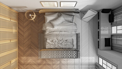 Architect interior designer concept: hand-drawn draft unfinished project that becomes real, rattan bedroom, bed with duvet, pillows, parquet, carpet and mirror. Top view, plan, above