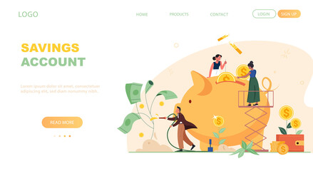 Saving and making money landing page. Tiny people growing tree with coins and money, making profit. Piggy bank, wallet, credit card. Concept vector illustration for successful business, finance.