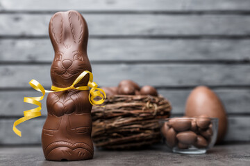 Delicious Easter chocolate bunny, eggs and sweets