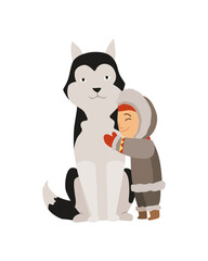Polar eskimo character. Indigenous children wearing traditional warm clothes. Kid with pet dog. Traditional ethnic character