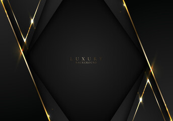 Banner web elegant 3D abstract black stripes shapes with lighting shiny golden diagonal lines on dark background