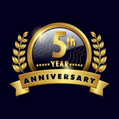 5th anniversary golden logo fifth Year Badge with number five ribbon, laurel wreath vector design