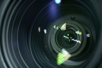 Closeup of professional 4K television zoom lens in news studio
