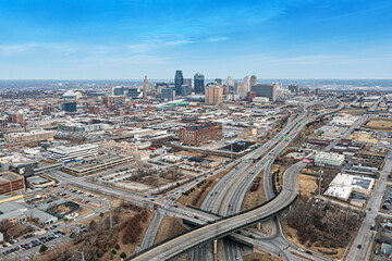 Drone panorama of Kansas City skyline during sunrise