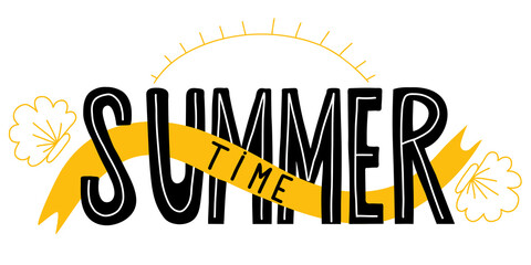 Summer time. Handwritten lettering decorative wich seashells and sun. Vector illustration. For design and decor, postcards and printing