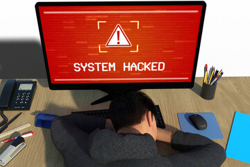 System hacked alert on computer screen after cyber attack on network. Cybersecurity vulnerability...