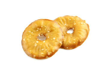 Cracker chips with sea salt isolated on white background. Round shape appetizers