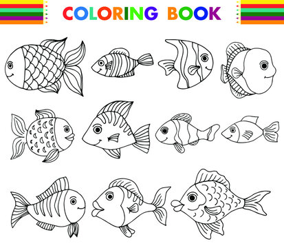 A set of cute fishes for coloring. Vector illustration.
