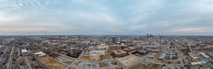 Drone panorama of Kansas City skyline during sunrise