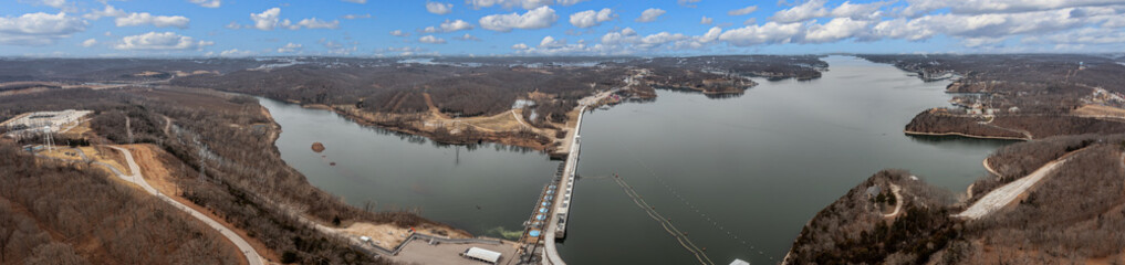 Drone panorama of lake Ozark in the American state of Missouri with dam during the day