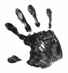 Hand print in black paint isolated on white 