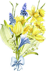 Watercolor easter srping flower set, leaves ,bouquet, narcissus