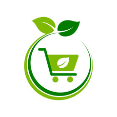Shopping cart with a leaf inside circle. Organic shop icon. Healthy food concept. Environmental friendly store. Vegetarian or vegan nutrition. Sustainable living. Vector illustration, flat, clip art. 