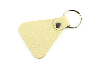 Bright leather keyring with silver ring isolated on white background