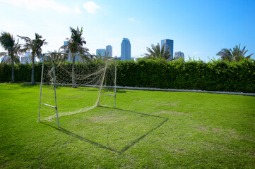 Soccer goal with high-rise buildings in the background