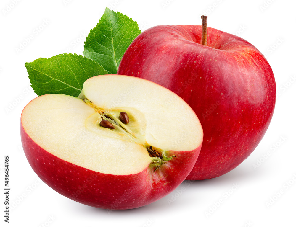 Poster apple half with red apple isolated. apples with green leaves on white background. red appl with clip - Posters