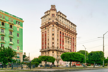 HAVANA, CUBA, Weathered and run-down republican style apartment building in El Vedado downtown district. 