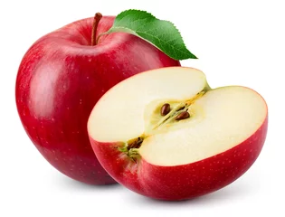 Fotobehang Red apple with a half isolated. Apples with green leaf on white background. Red appl with clipping path. Full depth of field. © Tim UR