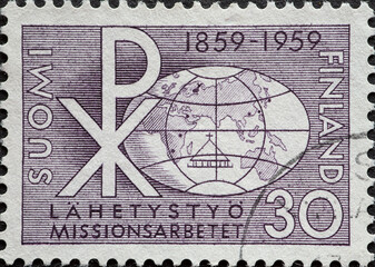 Finland - circa 1959: a postage stamp from Finland , showing the monogram of Christ with P and X...