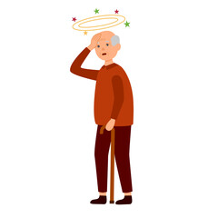 Sick senior man having dizzy symptom in flat design on white background. Old male feeling vertigo. Dizziness illness.