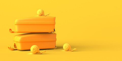 Travel concept with stacked suitcases and snails. Copy space. 3D illustration.
