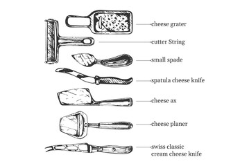 660_cheese knife cheese knife set, black outline graphic vector illustration isolated on white background