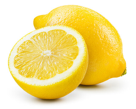 Lemon fruit with half isolated. Whole lemon and a half on white background. Lemons isolated. With clipping path. Full depth of field.