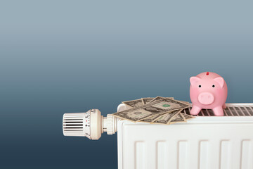 save heating costs, piggy bank and dollar bank notes on radiator